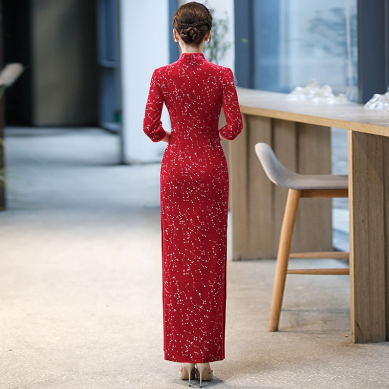 3/4 Sleeve Full Length Cheongsam Mermaid Chinese Dress Full of Sequins