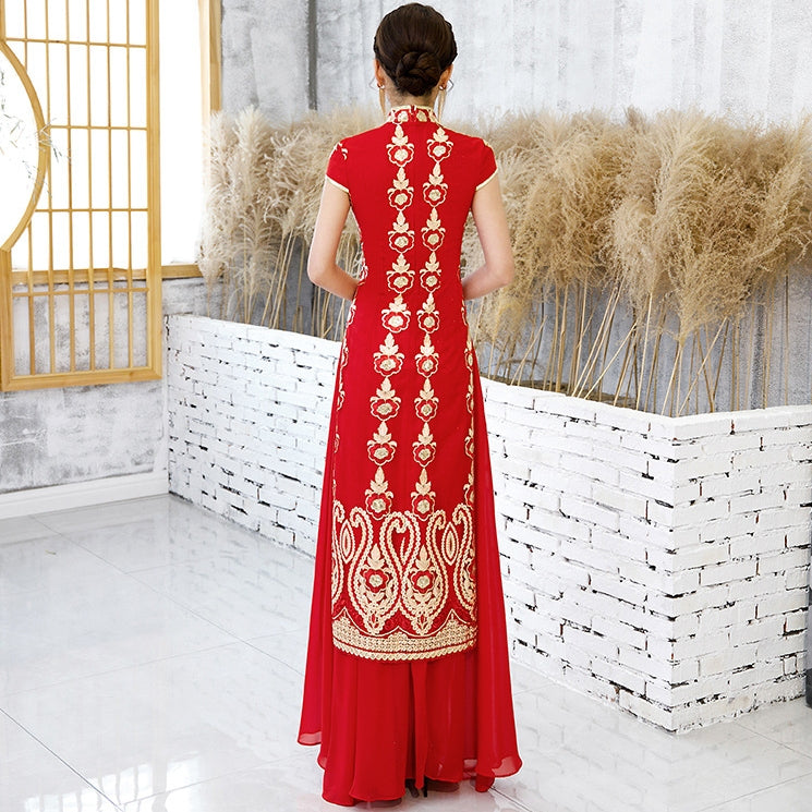 Cap Sleeve Full Length Floral Embroidery & Sequins Cheongsam Ao Dai Dress
