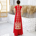 Cap Sleeve Full Length Floral Embroidery & Sequins Cheongsam Ao Dai Dress