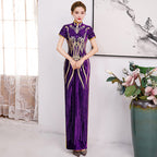 Cap Sleeve Floral Sequins Full Length Cheongsam Chinese Dress Evening Gown