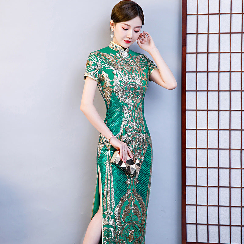 Cap Sleeve Floral Sequins Full Length Cheongsam Chinese Dress Evening Gown