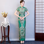 Cap Sleeve Floral Sequins Full Length Cheongsam Chinese Dress Evening Gown