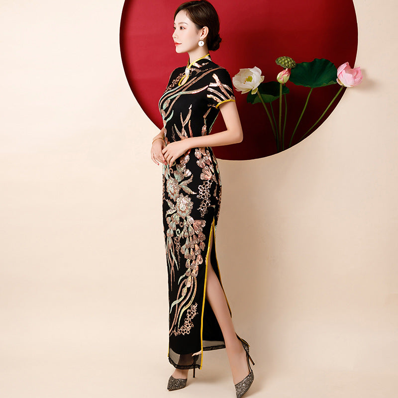 Cap Sleeve Full Length Floral Sequins Cheongsam Chinese Dress Evening Gown