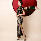 Cap Sleeve Full Length Floral Sequins Cheongsam Chinese Dress Evening Gown