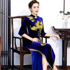 3/4 Sleeve Phoenix Embroidery Velvet Cheongsam Chinese Dress Evening Gown