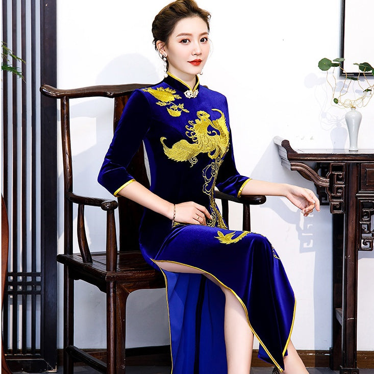 3/4 Sleeve Phoenix Embroidery Velvet Cheongsam Chinese Dress Evening Gown