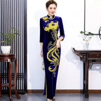 3/4 Sleeve Phoenix Embroidery Velvet Cheongsam Chinese Dress Evening Gown