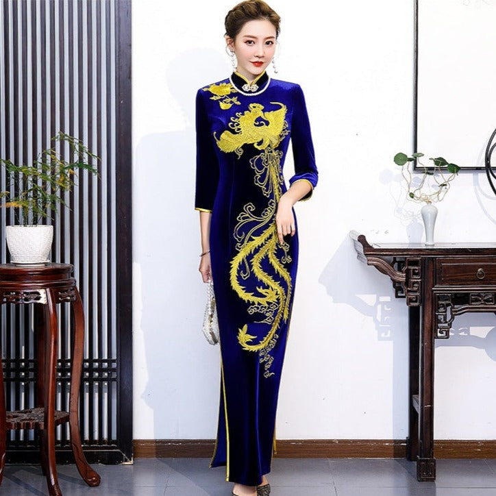 3/4 Sleeve Phoenix Embroidery Velvet Cheongsam Chinese Dress Evening Gown