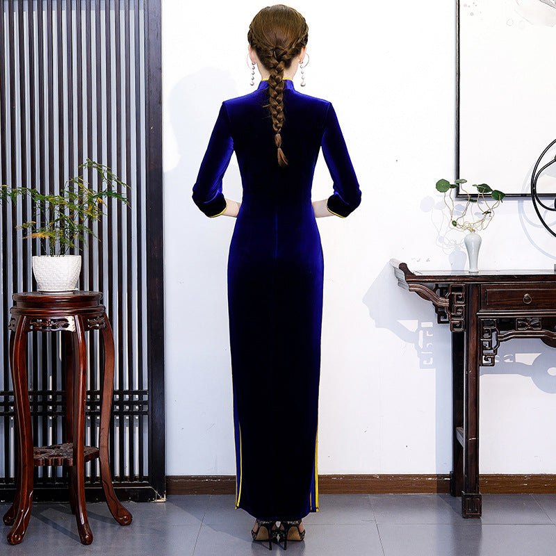 3/4 Sleeve Phoenix Embroidery Velvet Cheongsam Chinese Dress Evening Gown