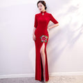 3/4 Sleeve Peony Embroidery Velvet Cheongsam Mermaid Chinese Dress Evening Gown