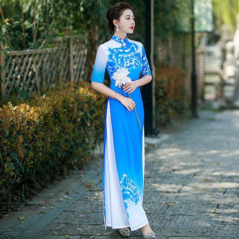 Elegant and Graceful Vietnamese Ao Dai Authentic Modified Summer Long