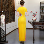 Elegant Velvet Floral Embroidery Cheongsam Dress Short Sleeve Plus Size