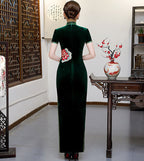 Elegant Velvet Floral Embroidery Cheongsam Dress Short Sleeve Plus Size