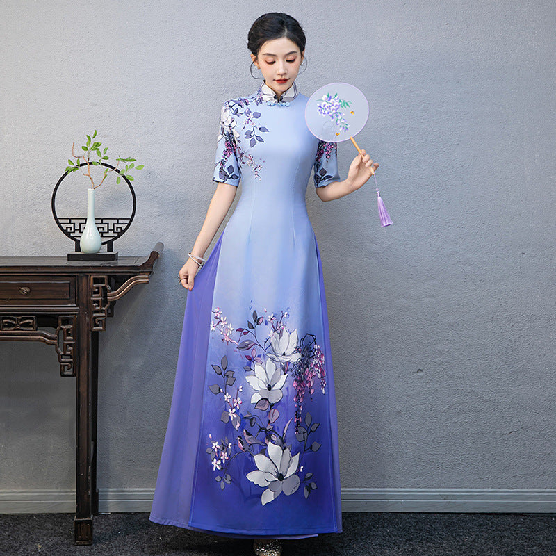Elegant Half-Sleeve Floral Ao Dai Dress with Loose Pants