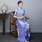 Elegant Half-Sleeve Floral Ao Dai Dress with Loose Pants