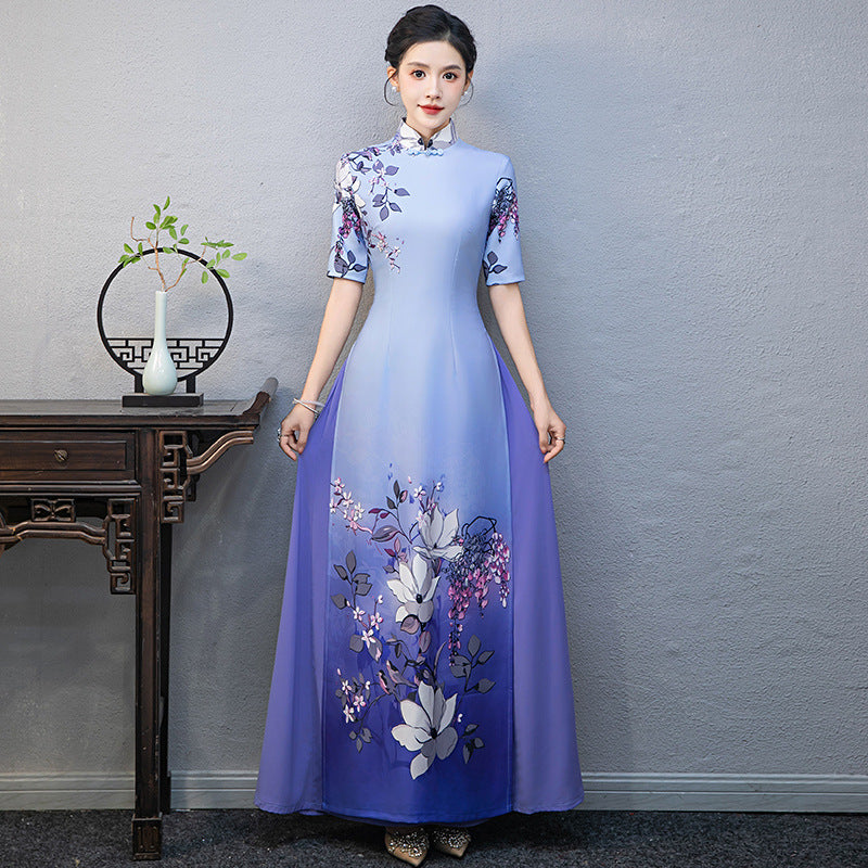 Elegant Half-Sleeve Floral Ao Dai Dress with Loose Pants