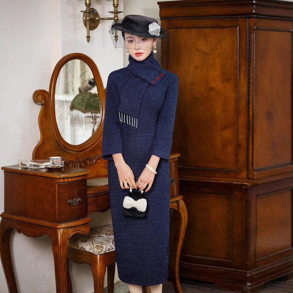 Elegant Blue Velvet Cheongsam Dress with Detachable Scarf for Women