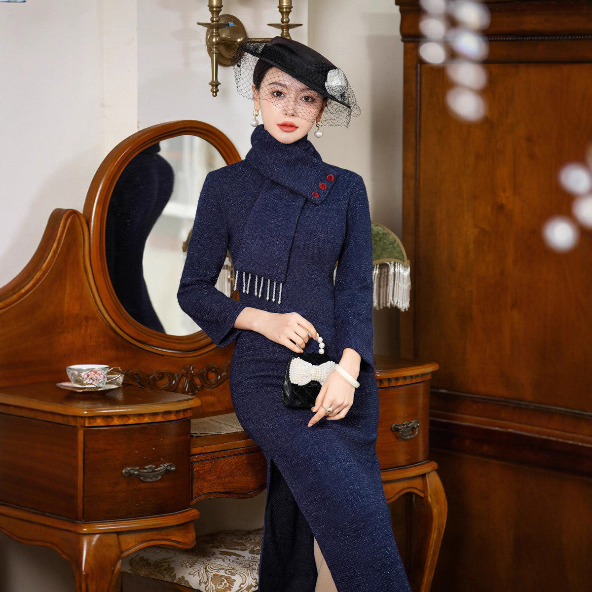 Elegant Blue Velvet Cheongsam Dress with Detachable Scarf for Women