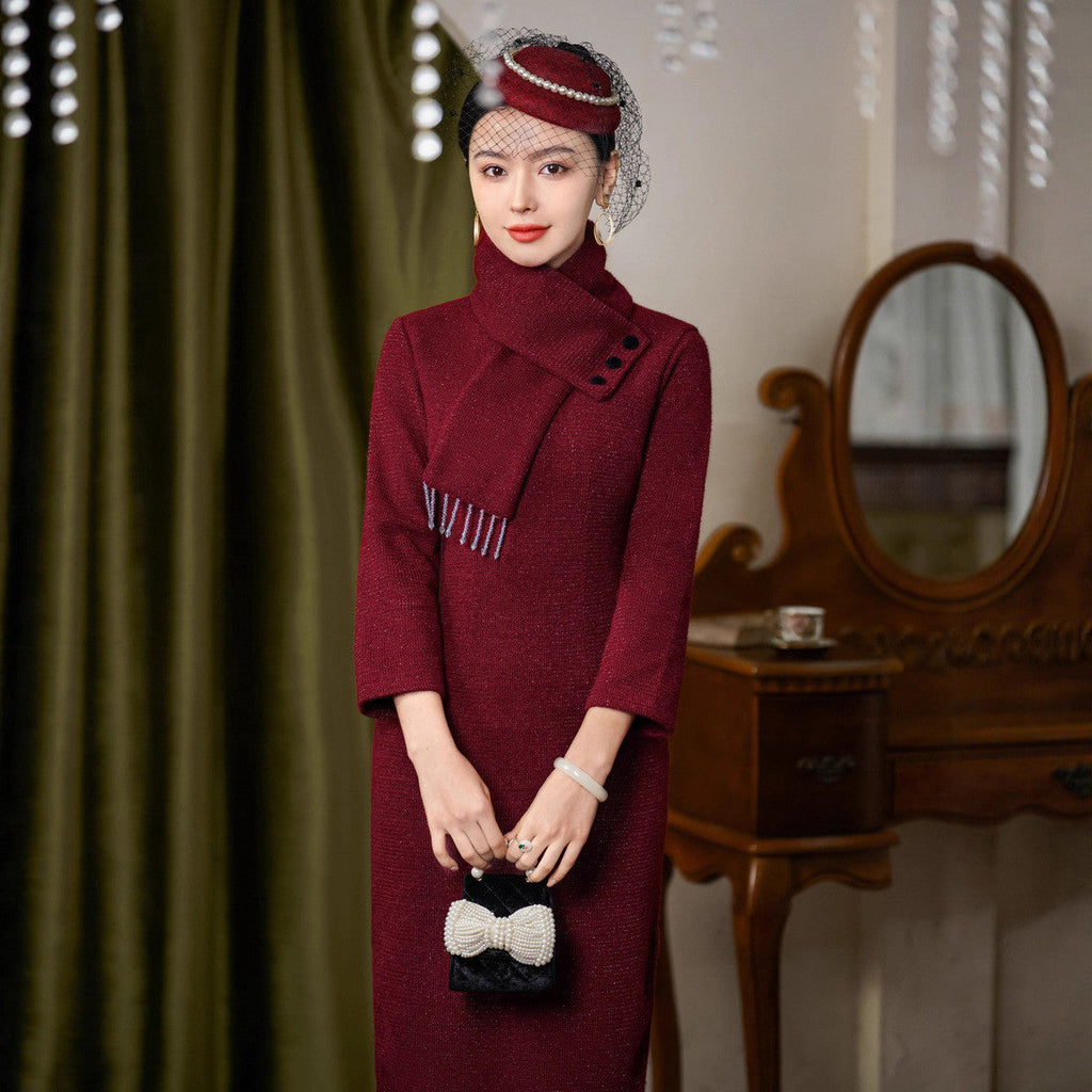 Elegant Red Velvet Cheongsam Dress with Detachable Scarf for Women