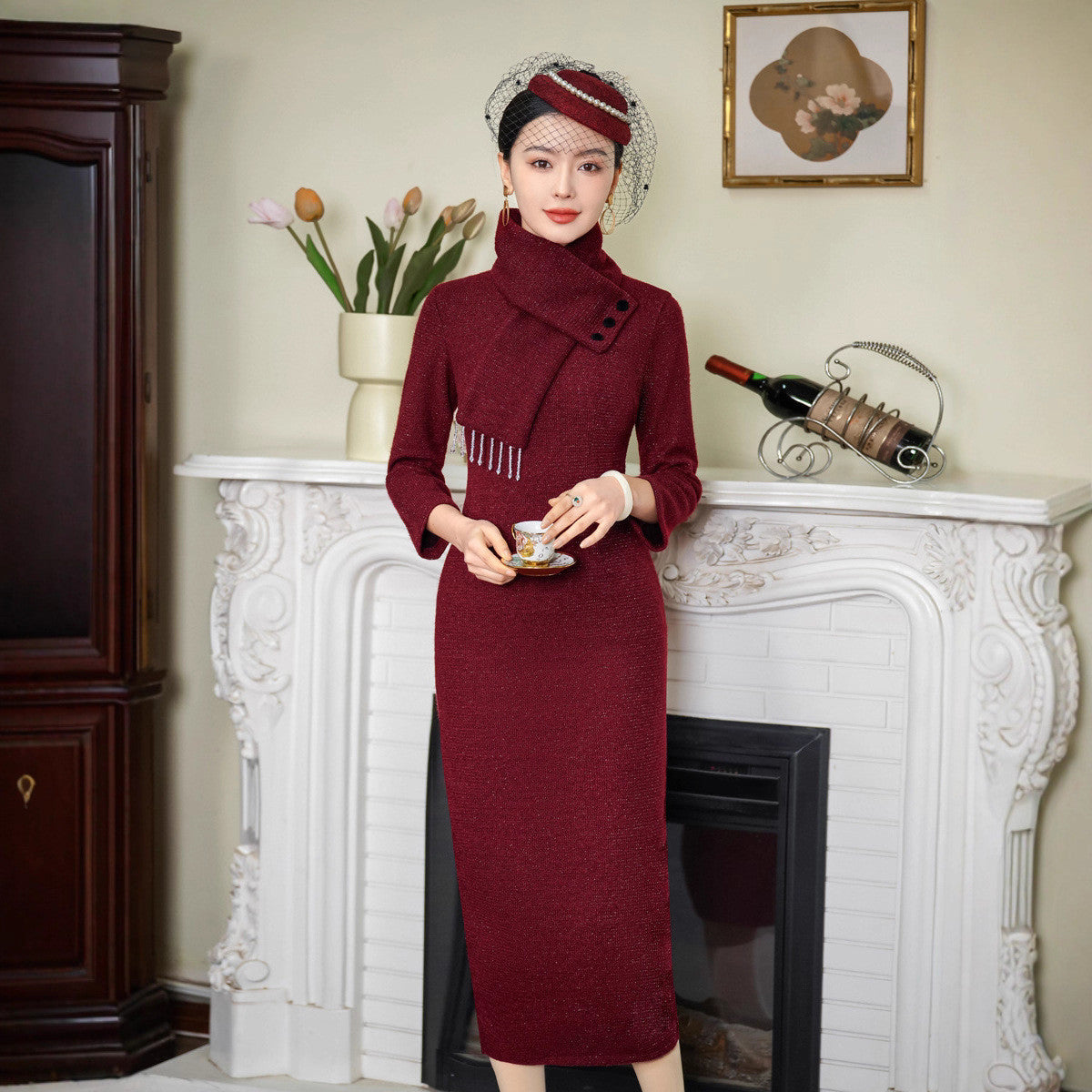 Elegant Red Velvet Cheongsam Dress with Detachable Scarf for Women