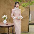 Chinese Style Pink Quilted Qipao Dress with Cloud Pattern
