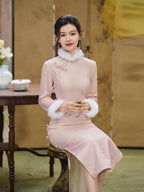 Chinese Style Pink Quilted Qipao Dress with Cloud Pattern