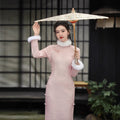 Chinese Style Pink Quilted Qipao Dress with Cloud Pattern