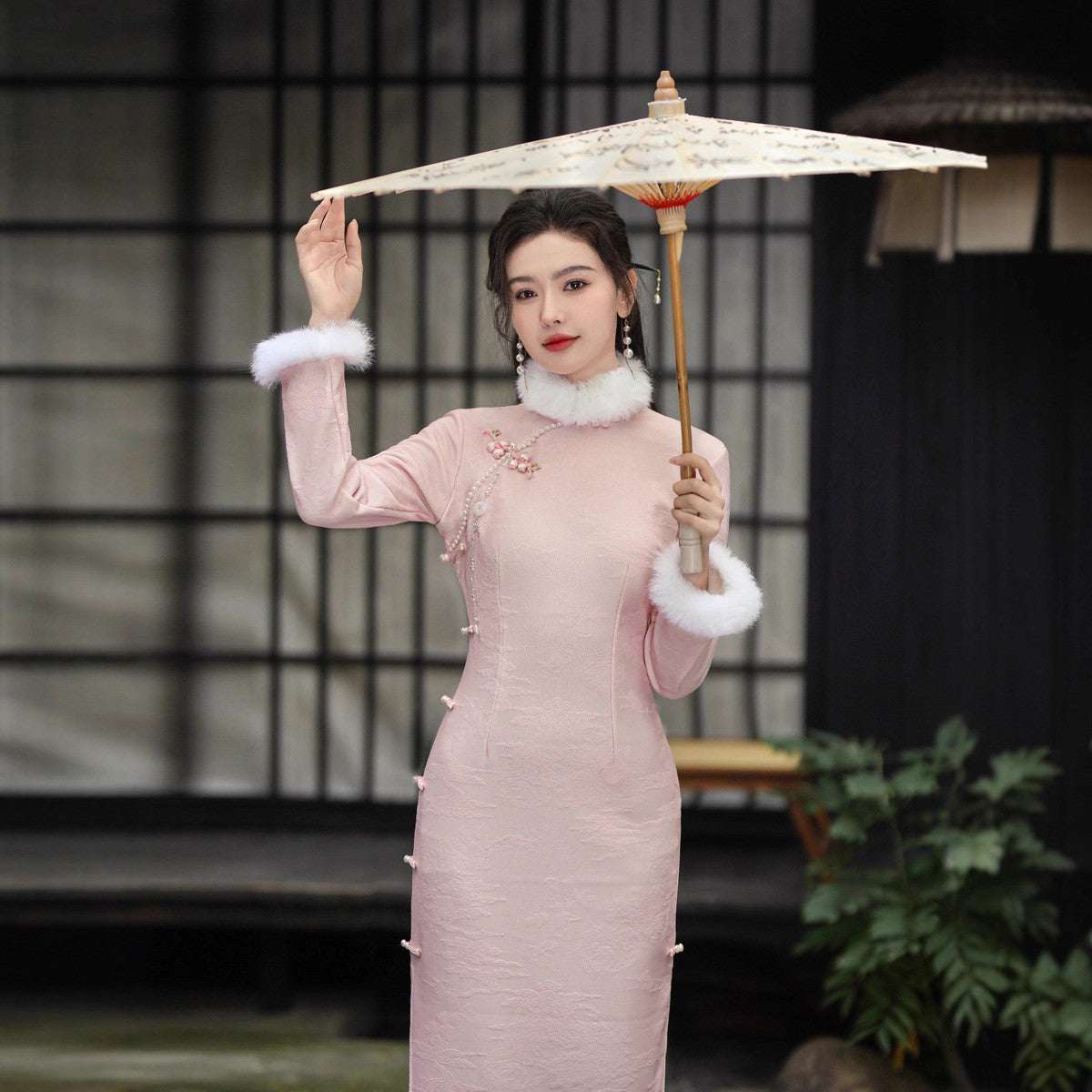 Chinese Style Pink Quilted Qipao Dress with Cloud Pattern