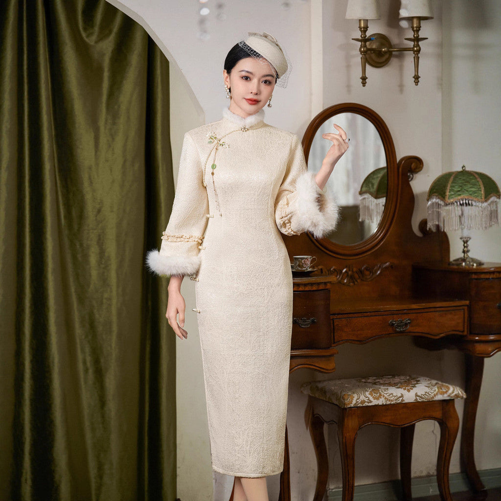 Autumn Winter Cheongsam Qipao Dress for Women Thickened Elegant Republic