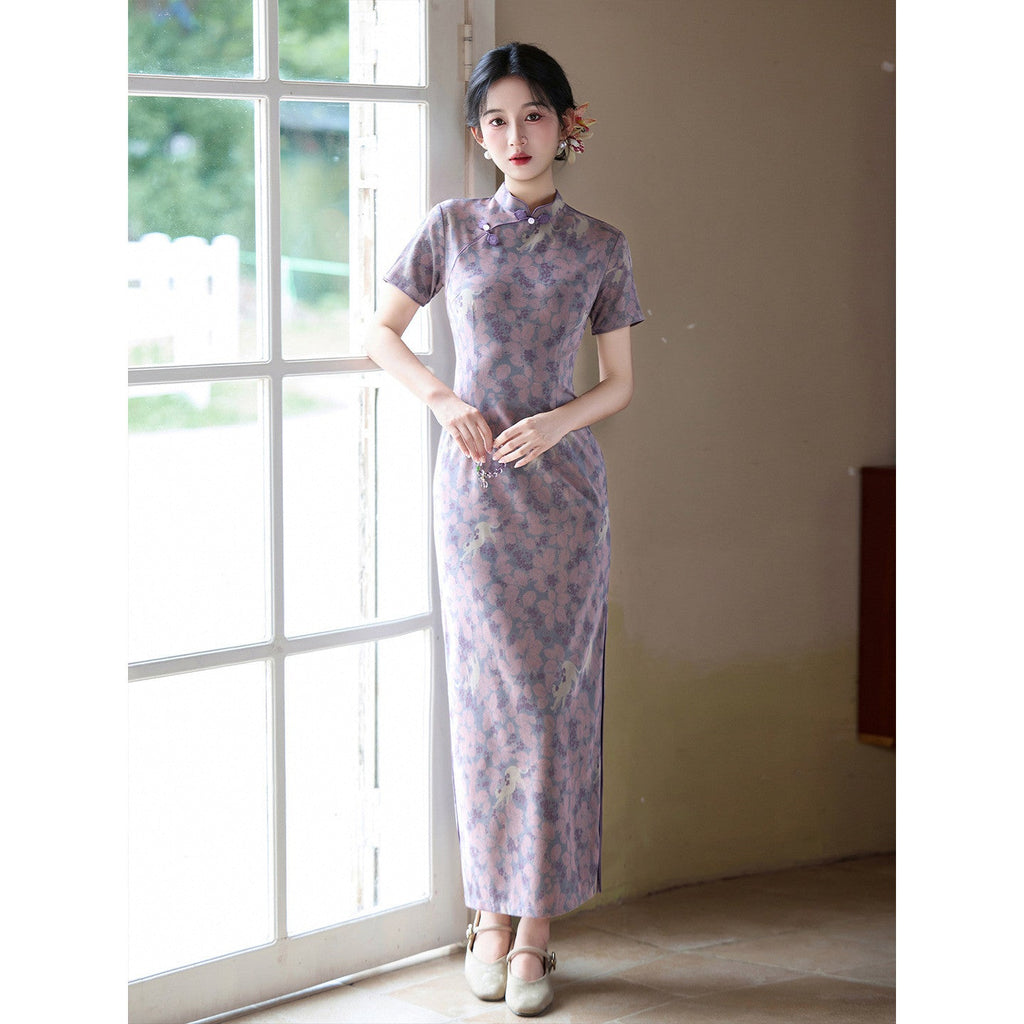 Elegant Purple Cheongsam Dress Chinese Style High-End Slim Fit Qipao for Women