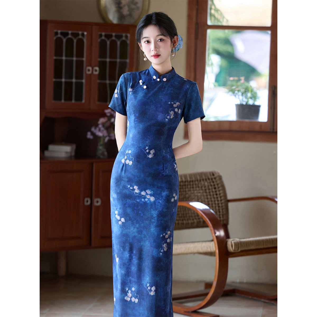 Blue Cheongsam Dress Women Summer Vintage Qipao