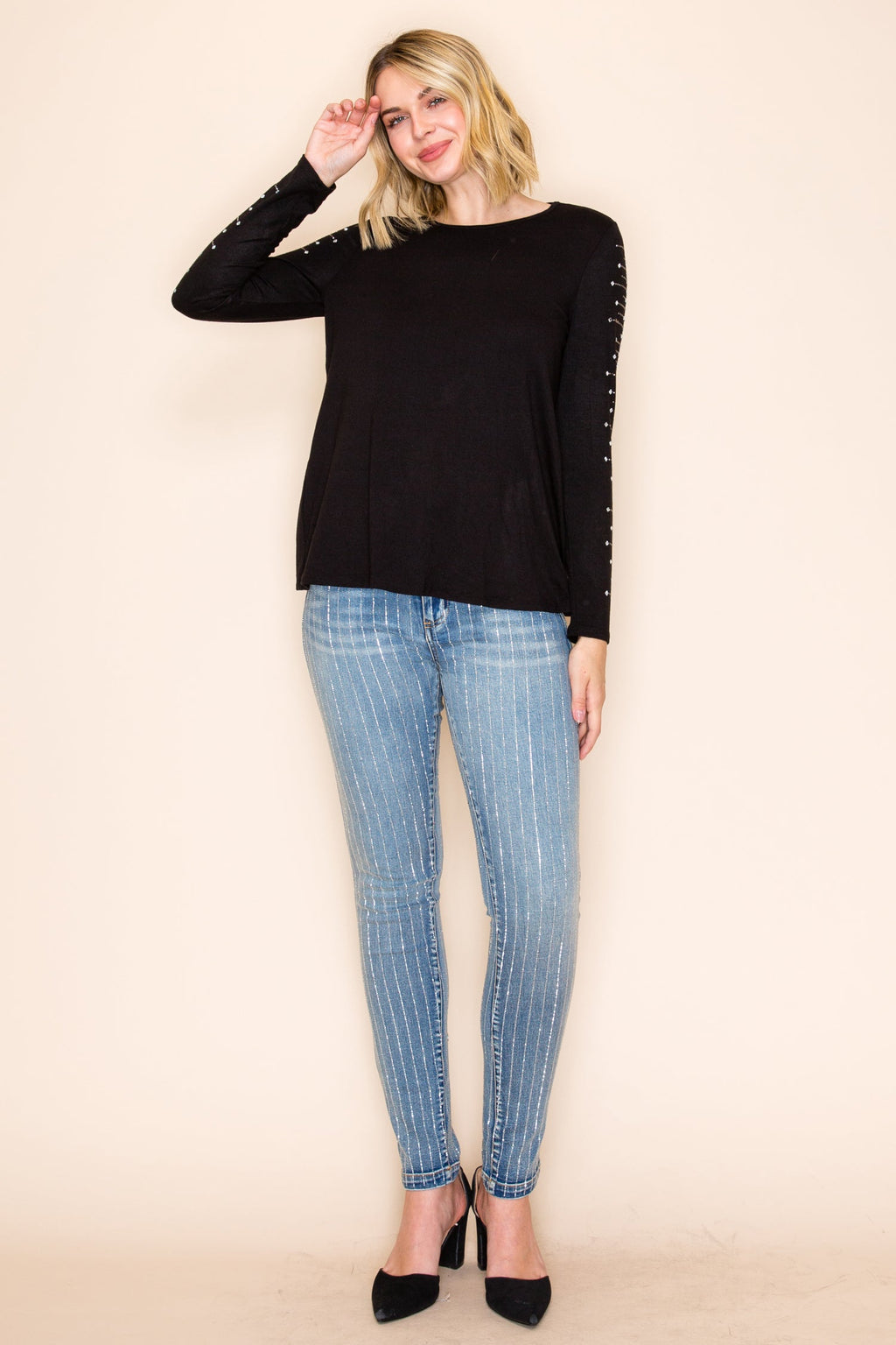 Black Crystal Sleeve Long Sleeve Top