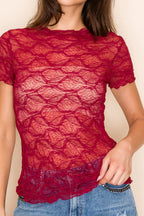Burgundy Scalloped Lace Short Sleeve Top