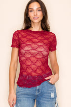 Burgundy Scalloped Lace Short Sleeve Top