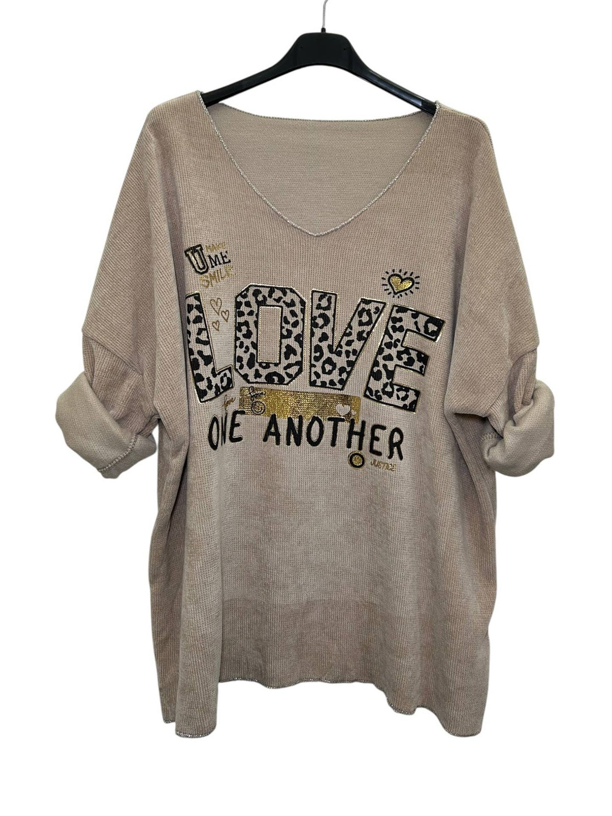 Beige Love Print One Sized V-Neck Velvet Top