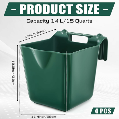 4 Pack 15 Quart Horse Feeders for Stall Hook Over Hanging Fence Hay Feeder Mountable Livestock Plastic Feed Bucket