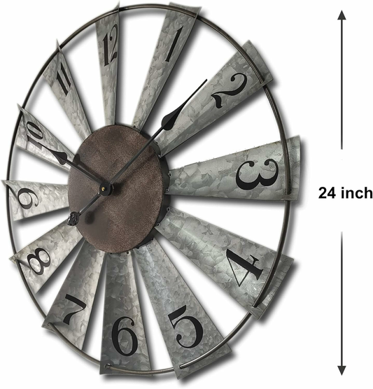 24inch Windmill Distressed Metal Wall Clocks Rustic Large Decorative Clock Oversized Farmhouse Decor,Non Ticking,Battery Operated