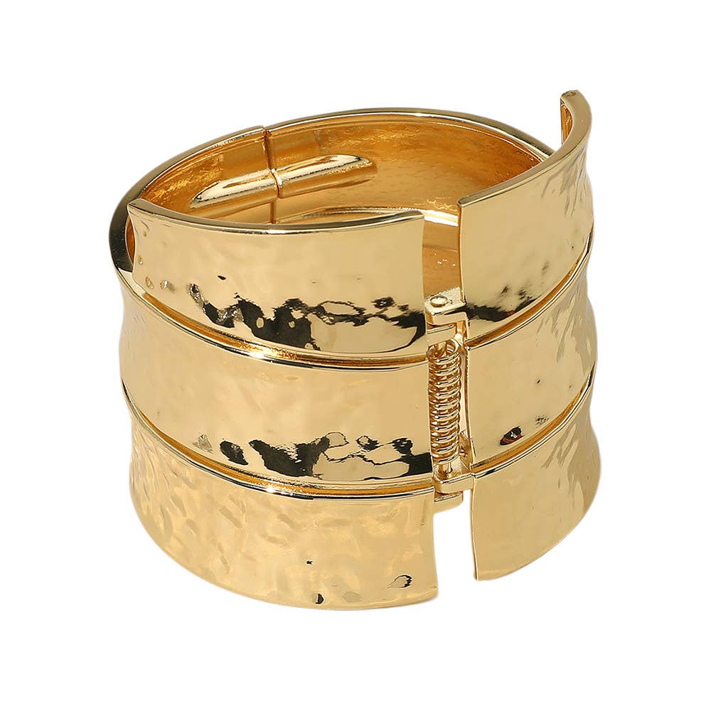 Bold Wide Textured Metal Hinged Bangle Bracelet