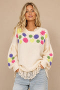 Cream Floral Embroidered Knit Sweater Top