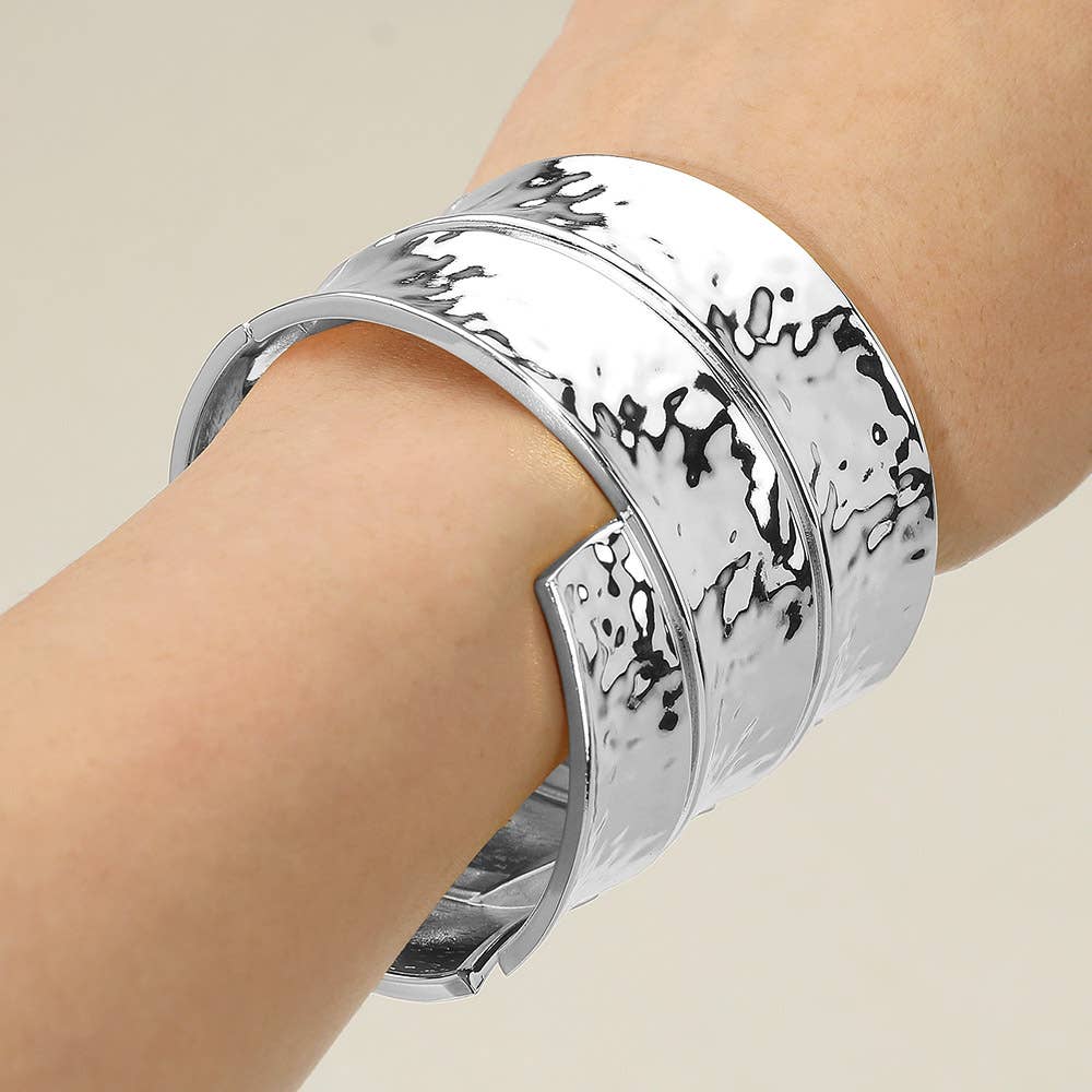 Bold Wide Textured Metal Hinged Bangle Bracelet