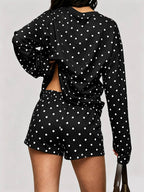 Black Polka Dot Long Sleeve Top and Shorts Set