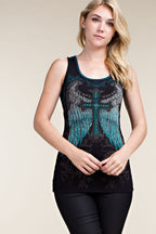 Black Crystal Cross Embellished Sleeveless Top