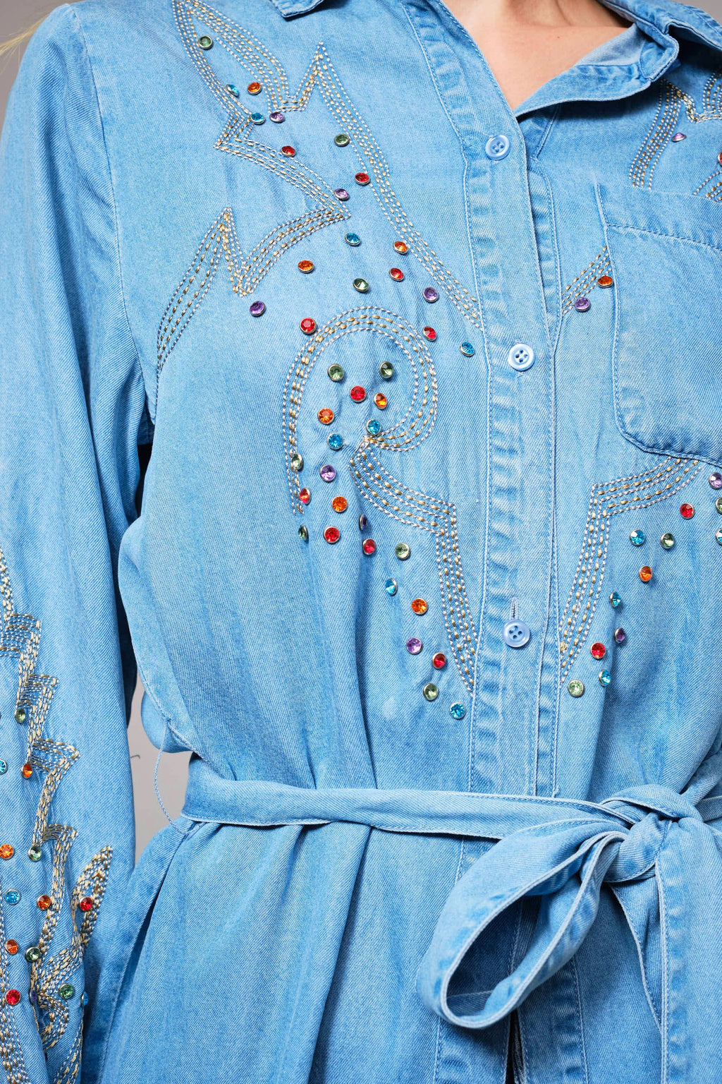 Blue B Denim Tencel Embroidered Studded Tunic