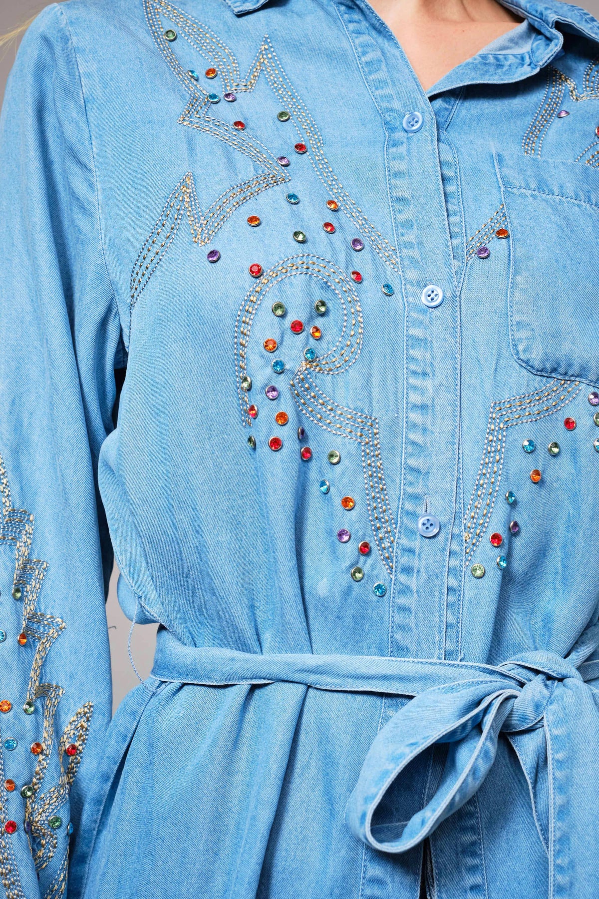 Blue B Denim Tencel Embroidered Studded Tunic