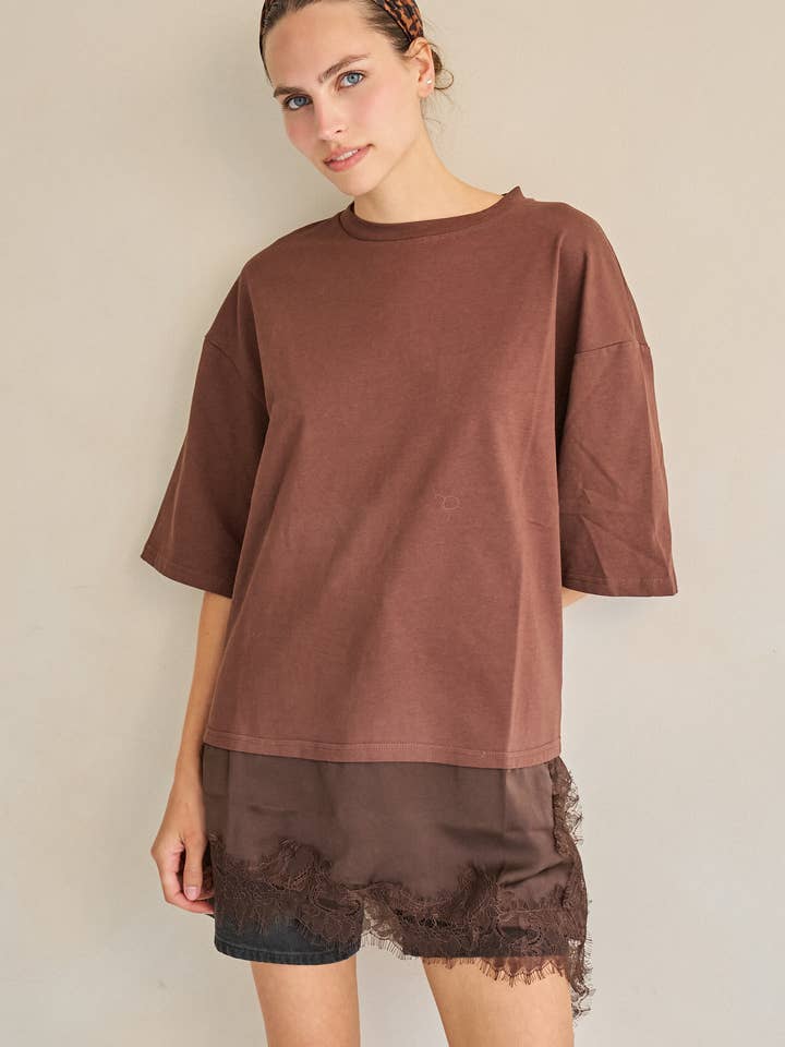 Brown Asymmetric Lace Trim Oversized Tee
