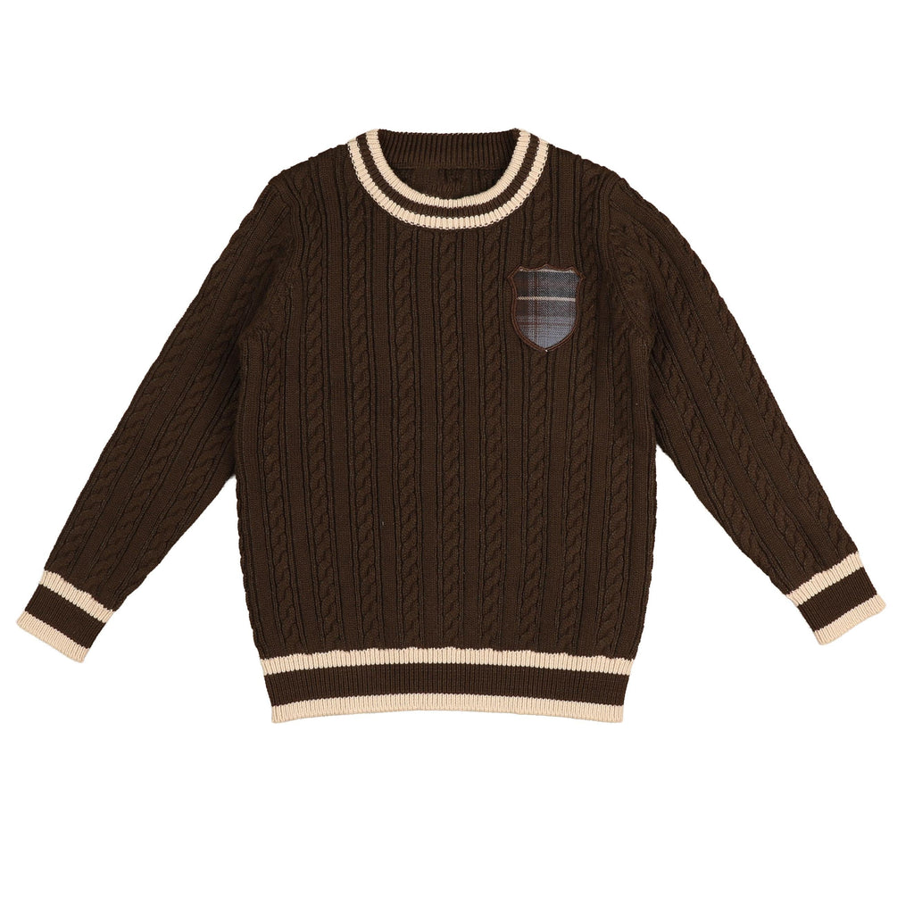 Belati Plaid badge brown cable sweater