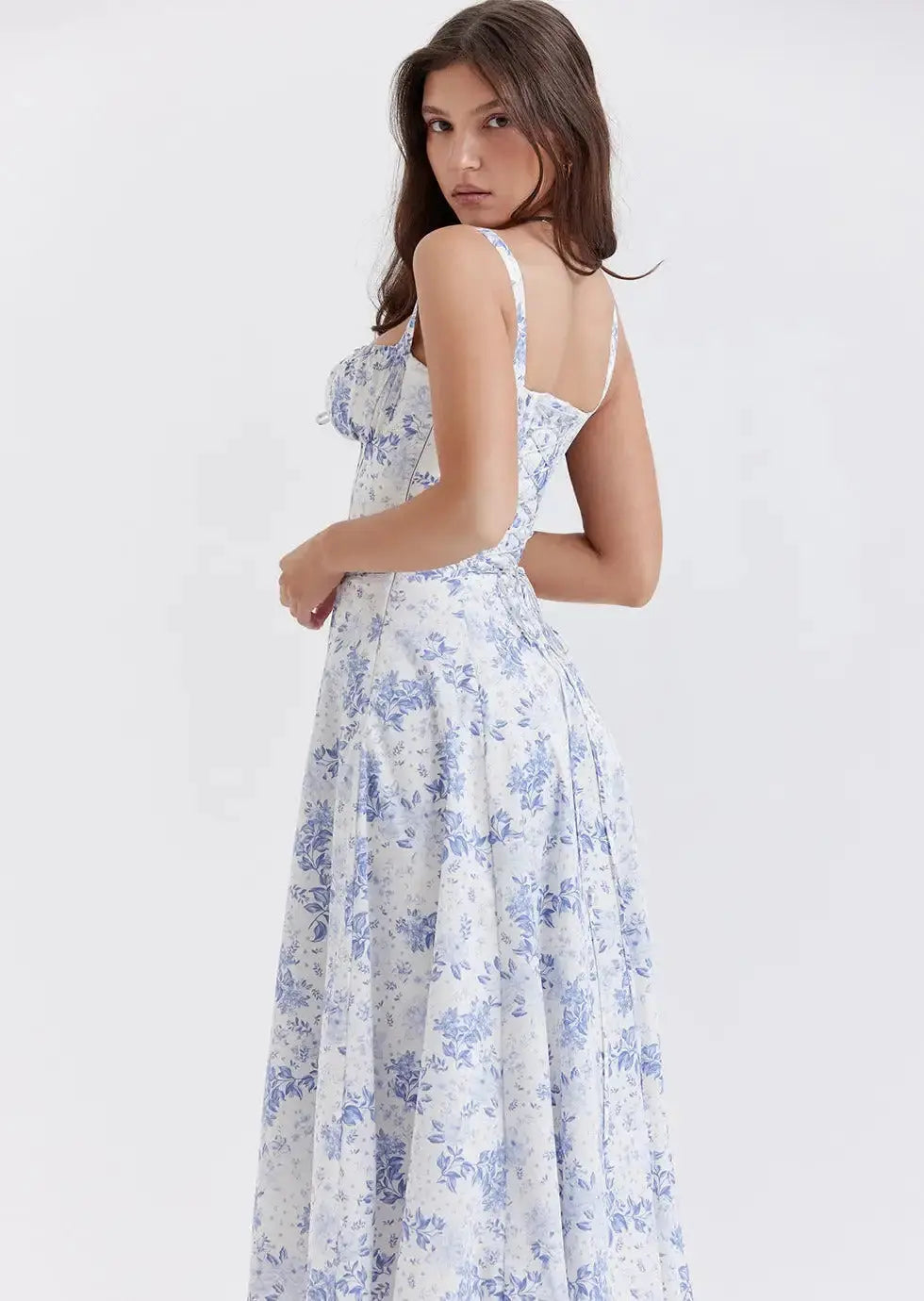 Lunara Mariah Floral Maxi Dress – Flowing Silhouette, Feminine Print | White, Blue | S–L