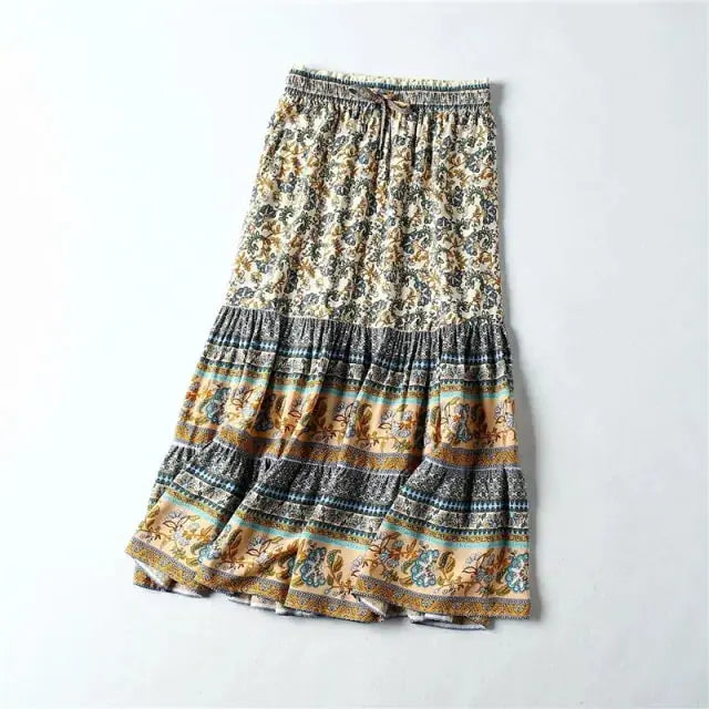 Lunara Printed Bohemian Maxi Skirt – Cotton Rayon Blend, Festival & Casual Wear | Khaki, Red | S–L