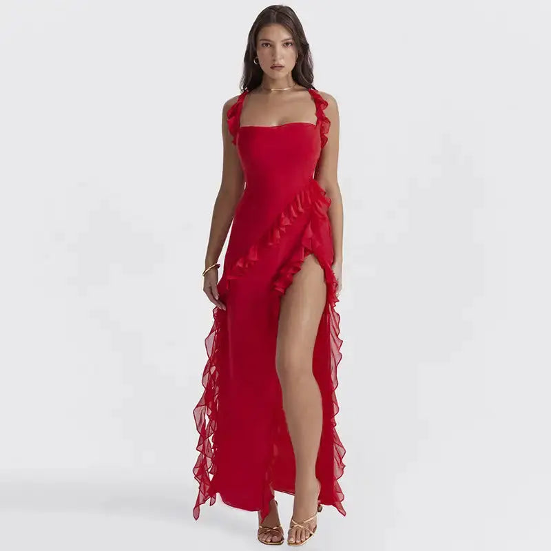 Lunara Aurora Elegant Maxi Dress – Lace Accents, Embroidery, Flowing Silhouette | Black | XS–XL