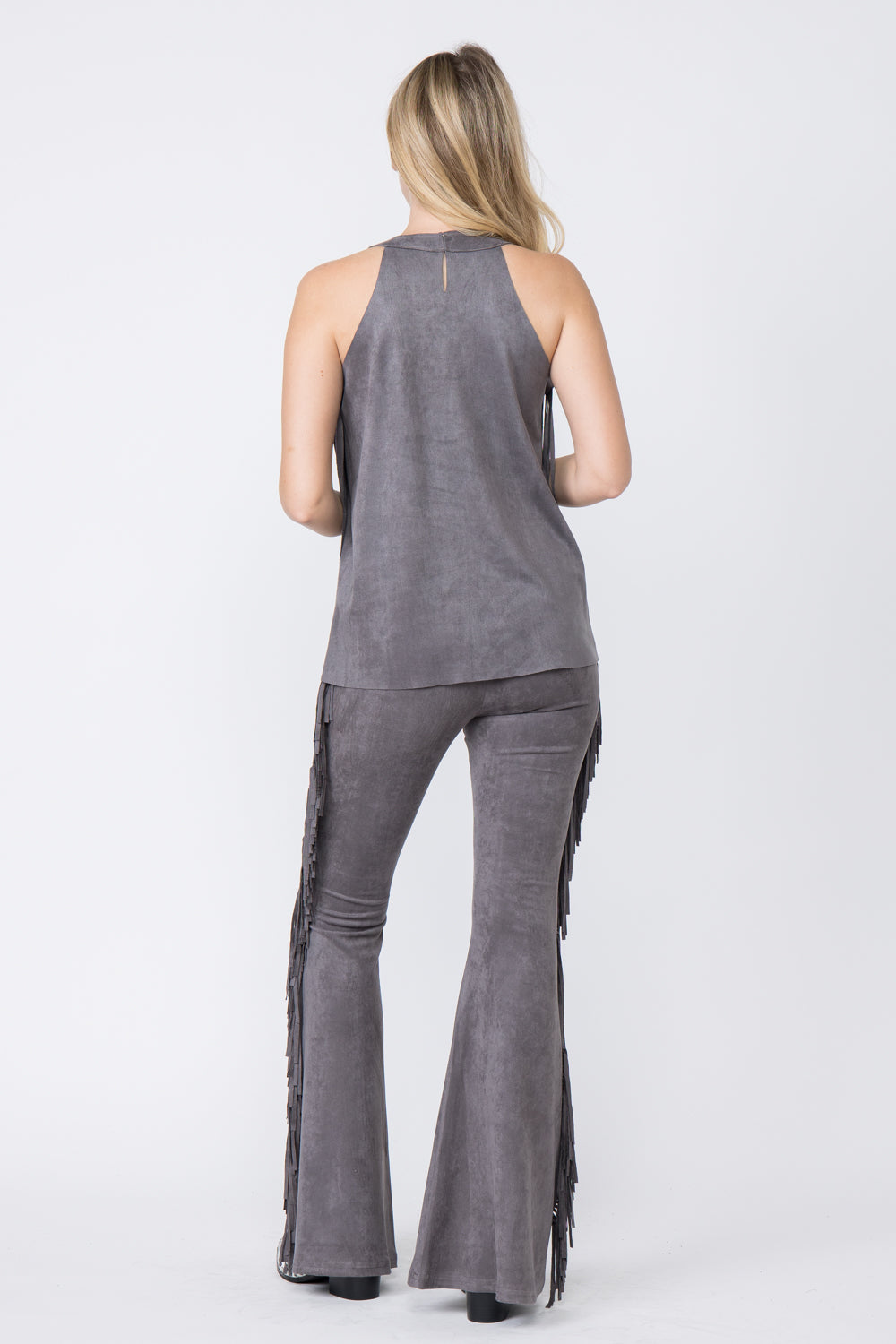 Charcoal Suede Side Fringe Flare Pants